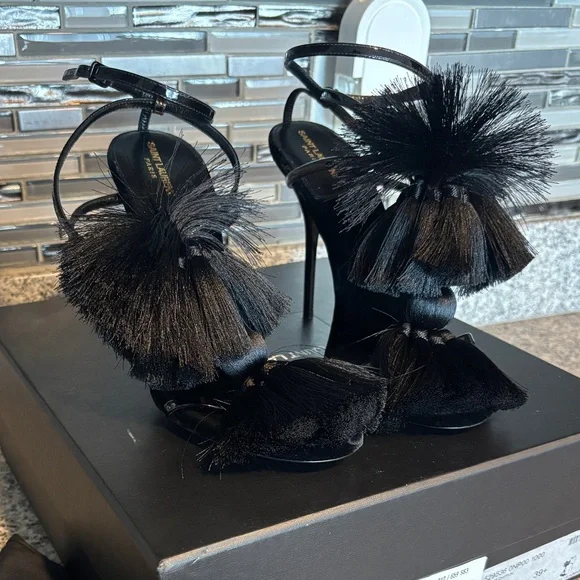 YSL Vernice Chiffon Tassel Embellished Pierre Pon Pon 110 Sandals - Picture 2 of 10